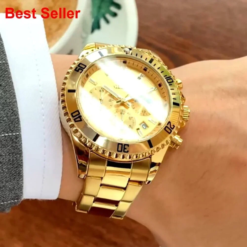 Stainless Steel Watch Big Face Analog Quartz Waterproof Chronograph